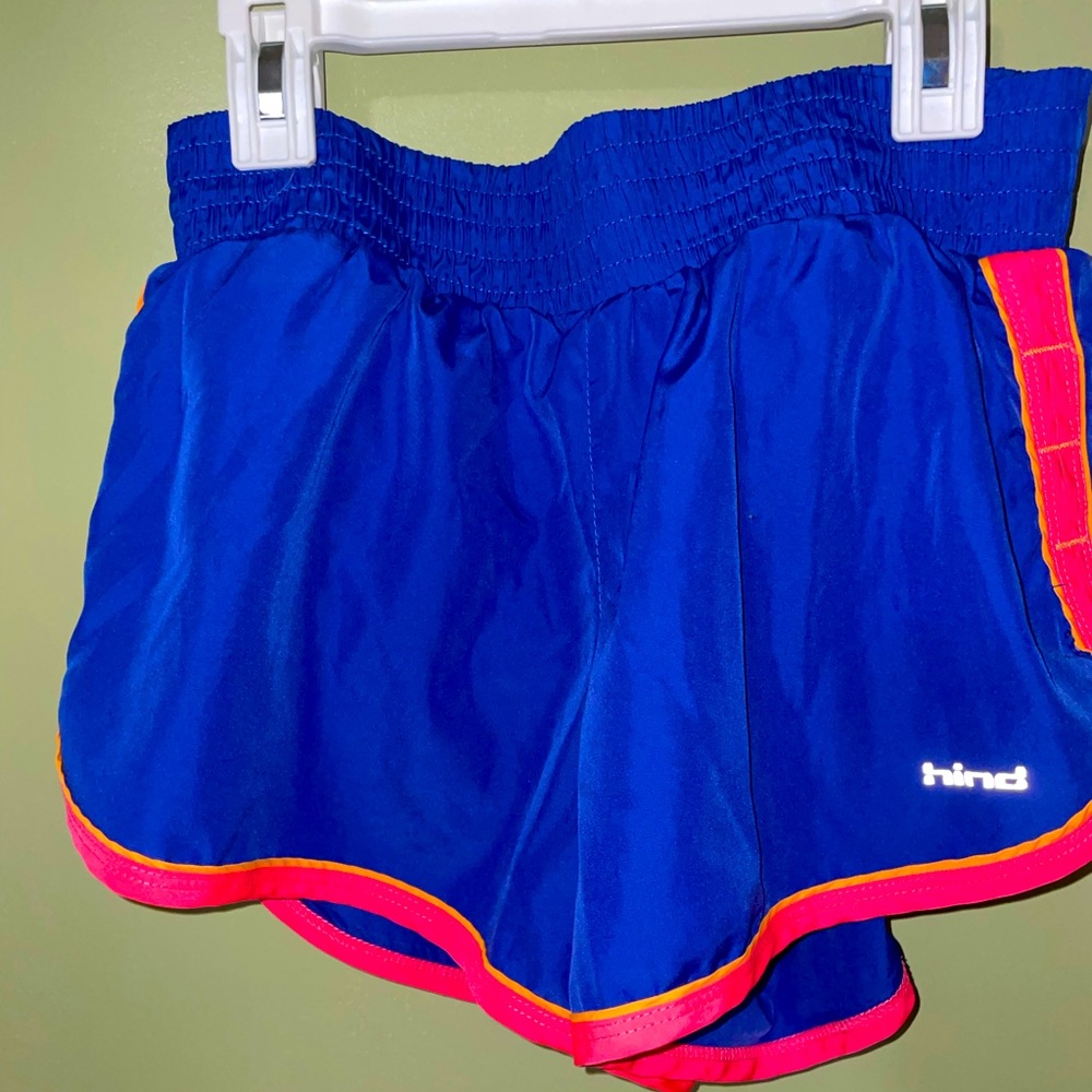 indigo and pink running shorts, i’m not sure the brand but i showed the tag